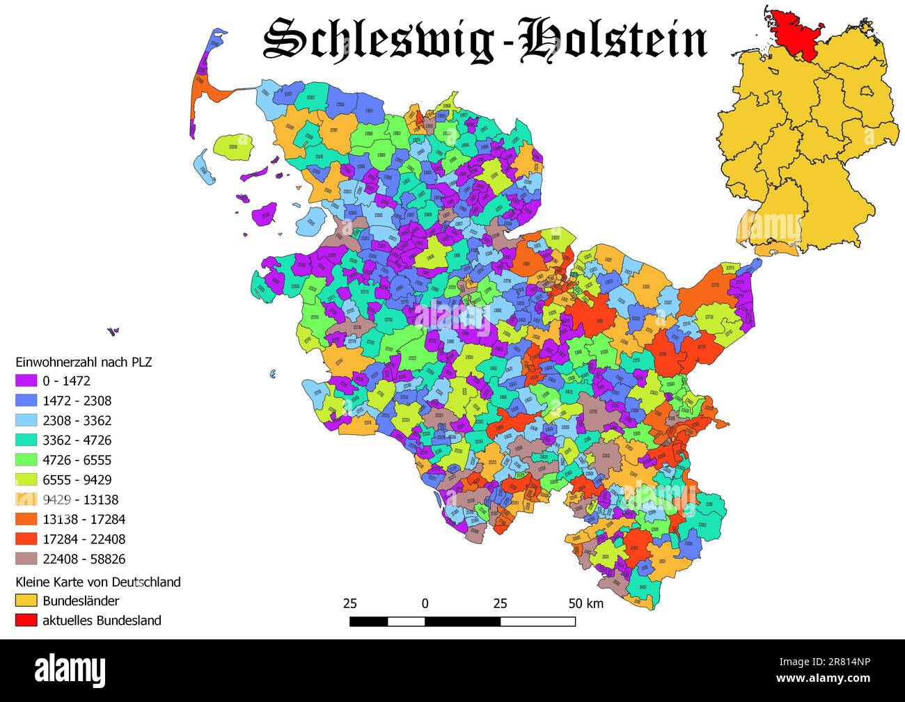 Etat fédéral Schleswig - Holstein population par carte de code postal avec carte de l'Allemagne Banque D'Images