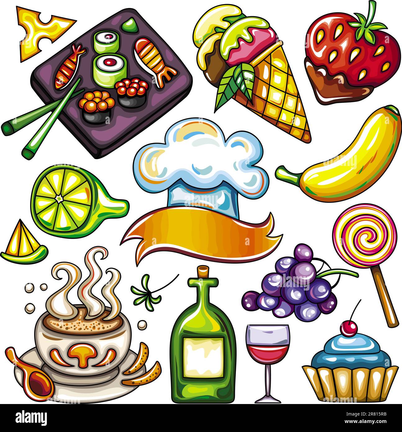 Ensemble de symboles alimentaires colorés comprenant une assiette de sushis, de la crème glacée, des fraises enrobées de chocolat, des bananes fraîches, du citron ou du citron vert, raisins, cupcake... Illustration de Vecteur