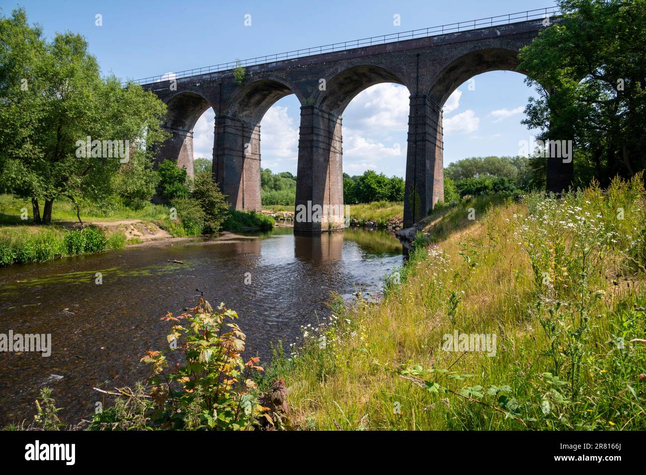 Viaduc ferroviaire au-dessus de la rivière Tame au parc régional Reddish Vale, Stockport, Greater Manchester, Angleterre. Banque D'Images