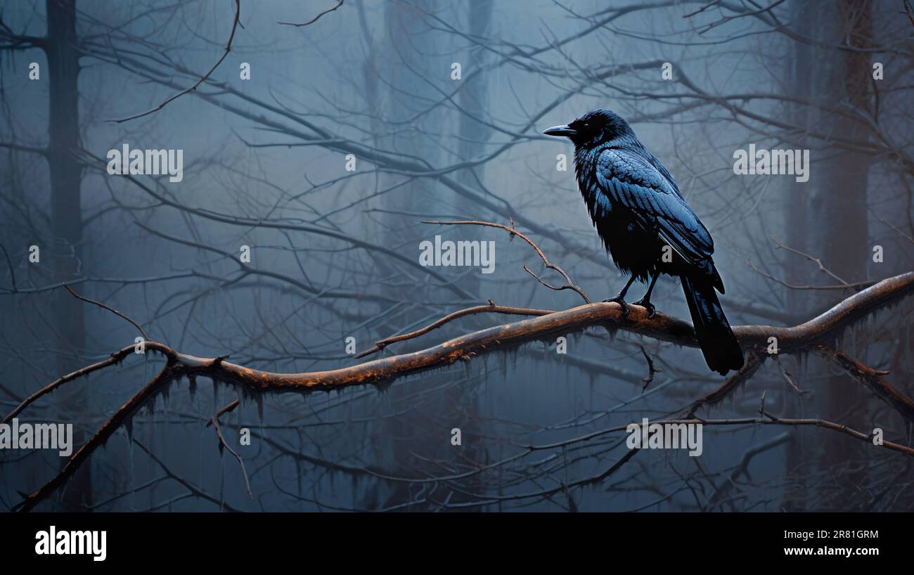 Une image sombre et hantante représentant un corbeau, symbolique de la reade et du mystère, sur fond sombre. Rappelle une scène d'un film d'horreur, thi Banque D'Images