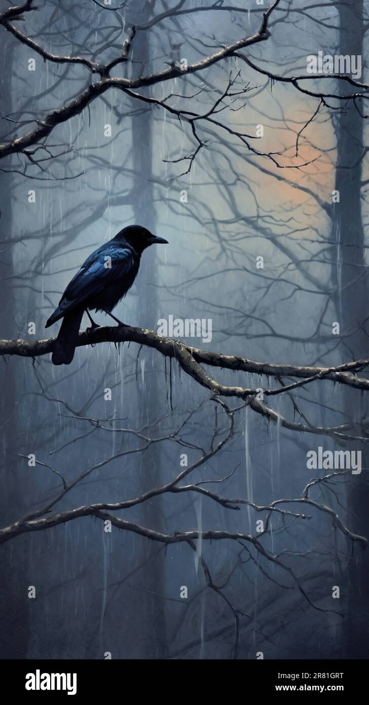 Une image sombre et hantante représentant un corbeau, symbolique de la reade et du mystère, sur fond sombre. Rappelle une scène d'un film d'horreur, thi Banque D'Images