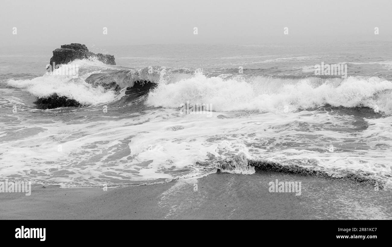 Roche et vagues sur la côte californienne en noir et blanc. Banque D'Images