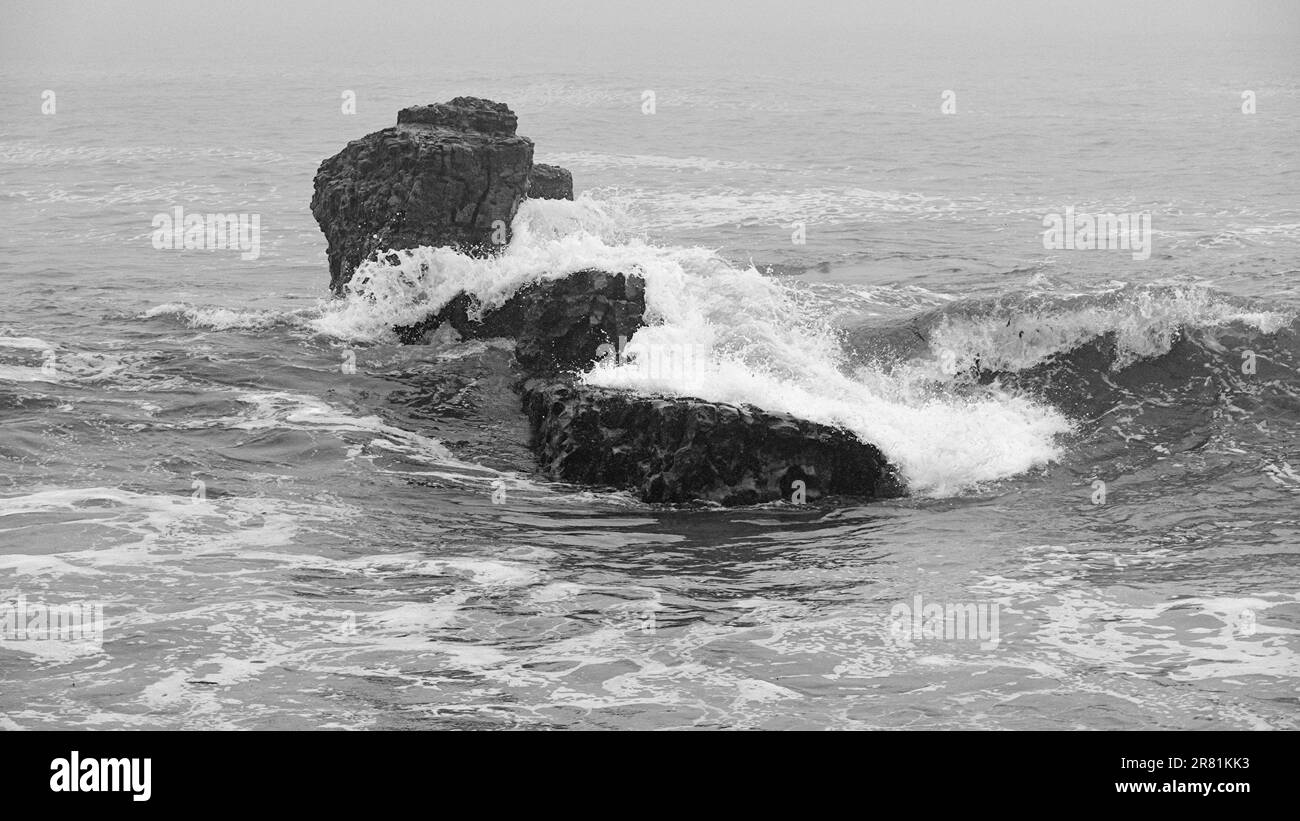 Roche et vagues sur la côte californienne en noir et blanc. Banque D'Images