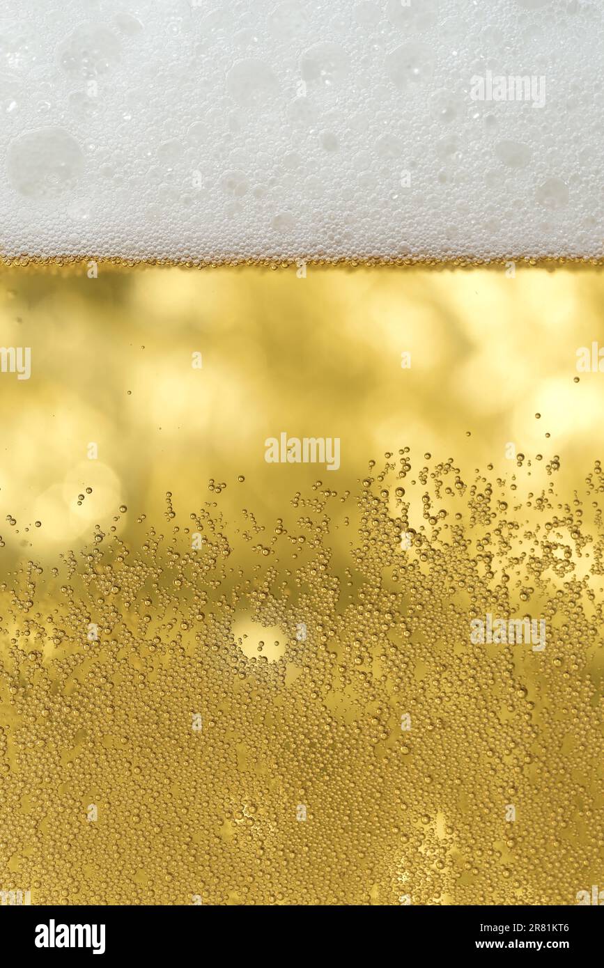 Bière. Bière légère avec bulles et fond de mousse Banque D'Images