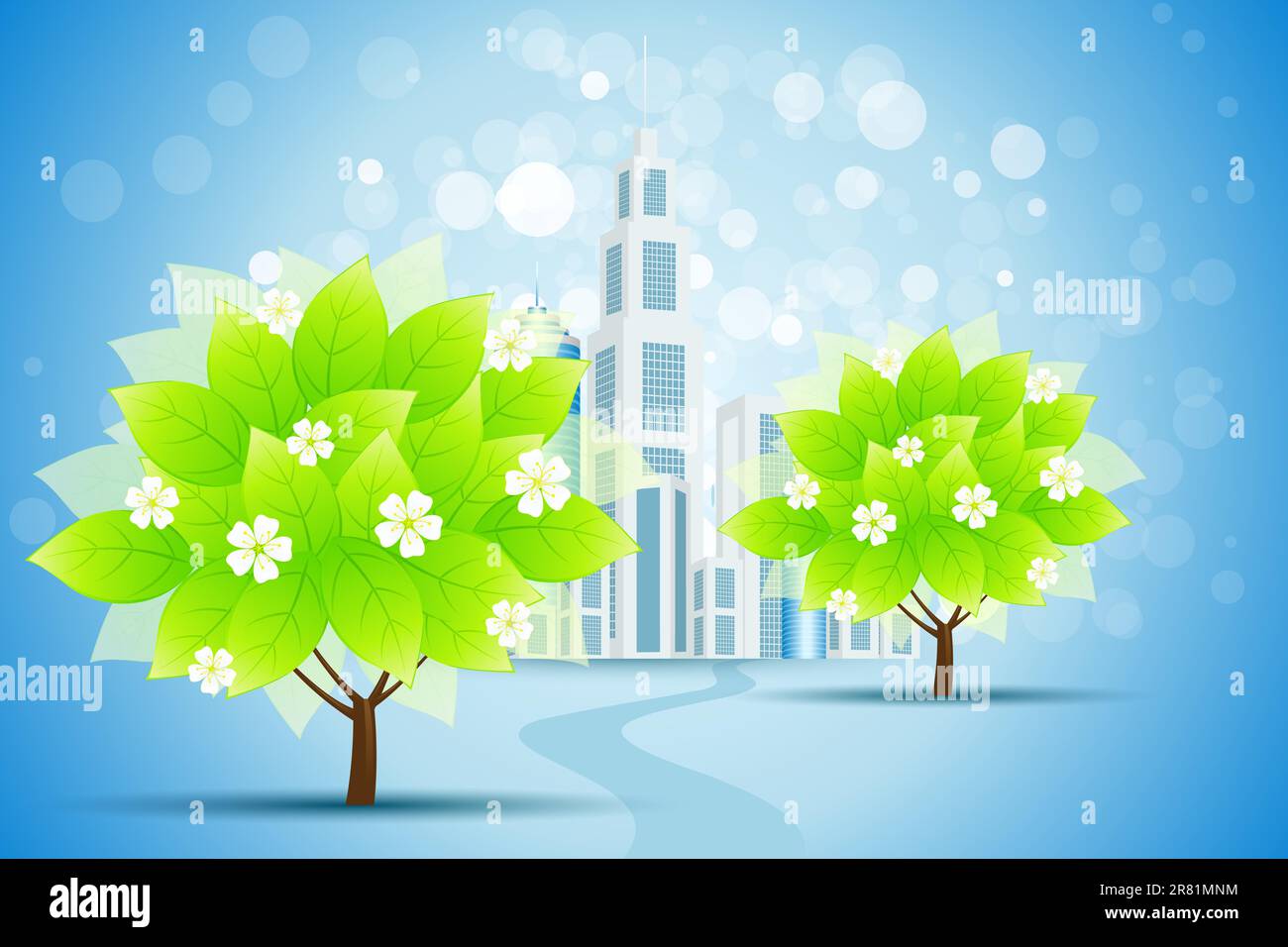 Backgtound bleu avec Business City Road et arbres Illustration de Vecteur