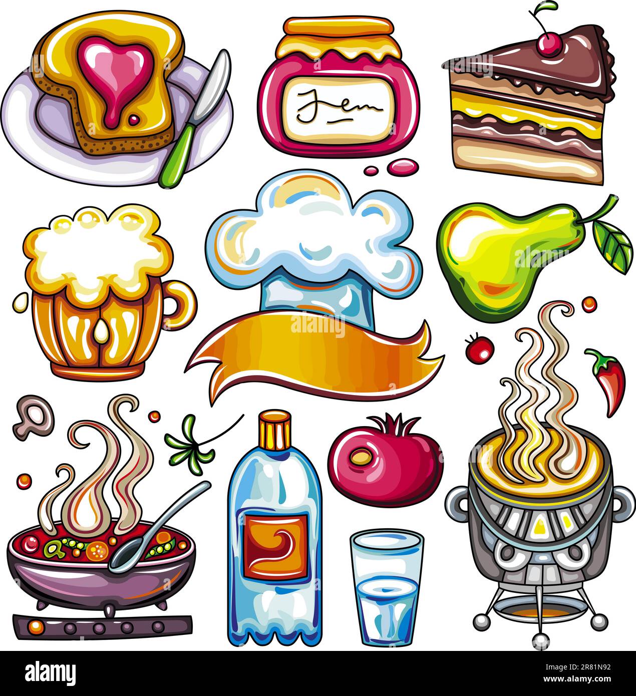 Ensemble de symboles alimentaires colorés avec : un pot de confiture et un sandwich, gâteau au chocolat, tasse à bière, grenade fraîche, poire juteuse, piment fort, embouteillage... Illustration de Vecteur