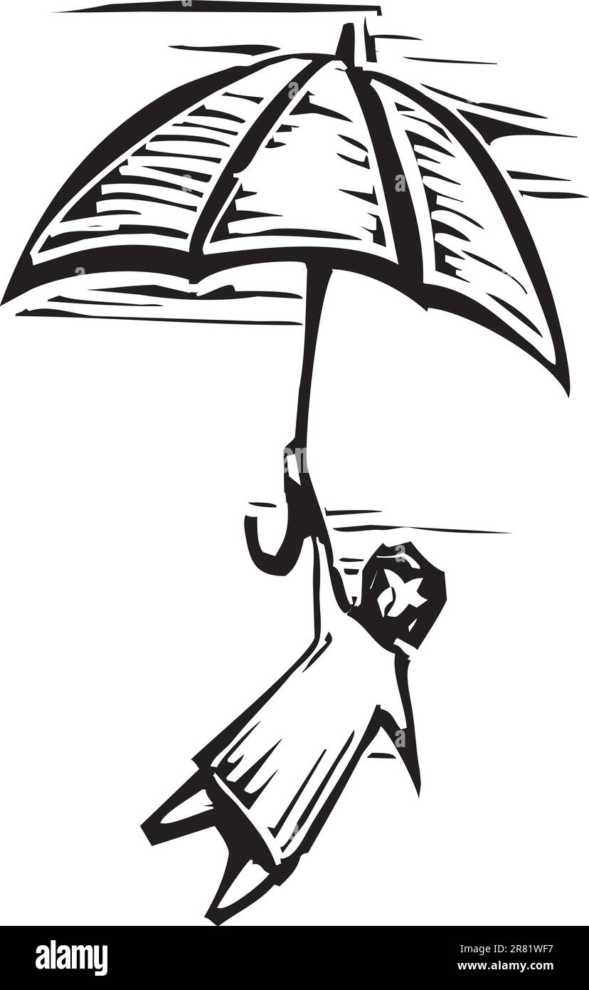 Woodcut personne tient un parapluie volant par l'air. Illustration de Vecteur