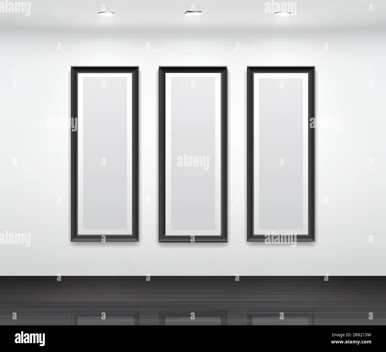 Intérieur Gallery avec cadres noirs vides pour triptyque. Illustration de Vecteur