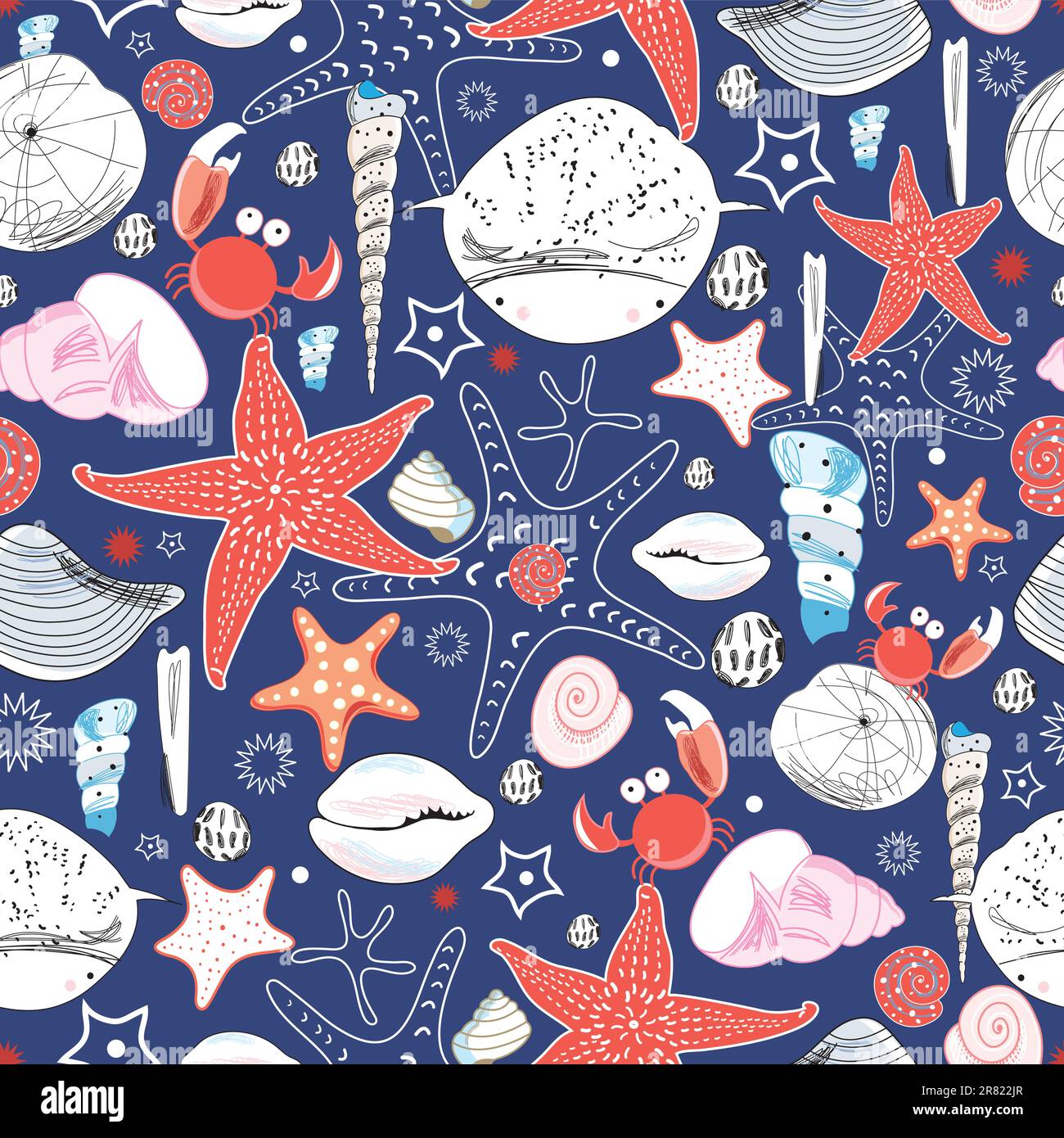 motif sans couture avec étoiles de mer et crabes sur fond bleu foncé Illustration de Vecteur