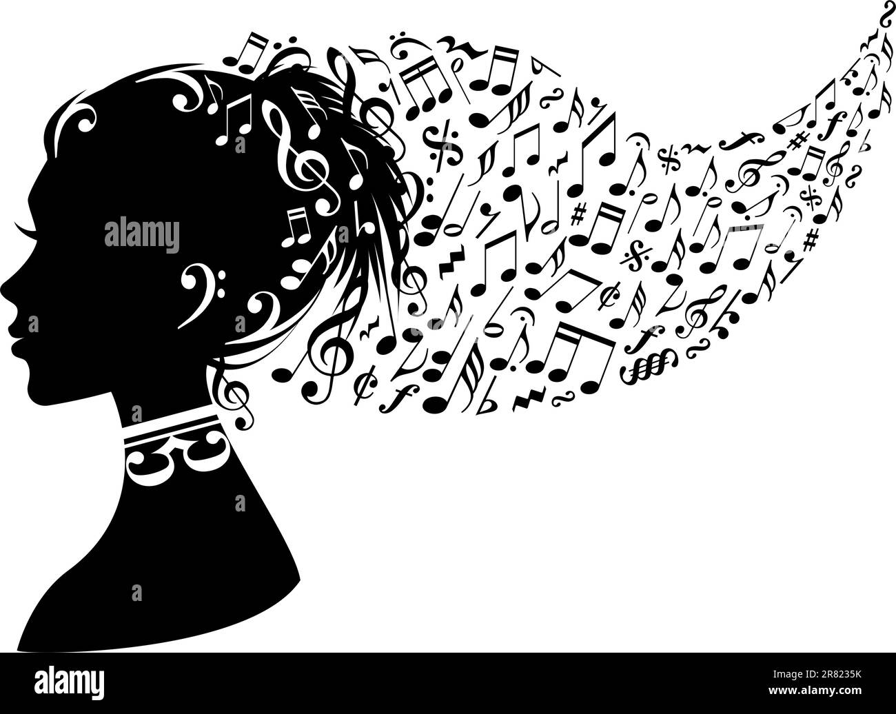 Tête de femme avec des notes de musique dans ses cheveux, vector background Illustration de Vecteur