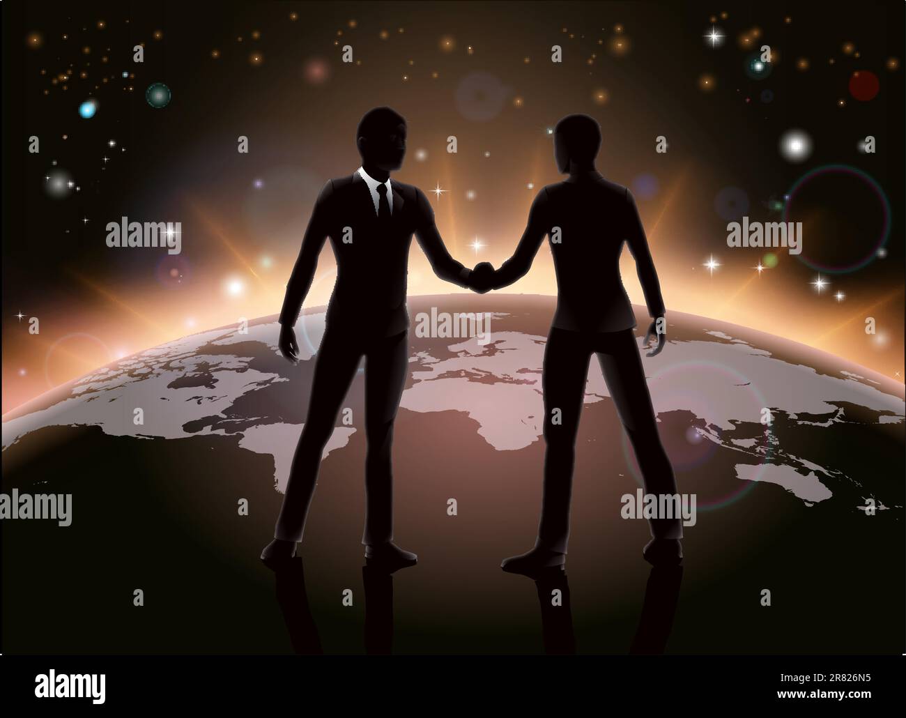 Global Business ou de réseau concept, business men shaking hands en accord sur la carte du monde Illustration de Vecteur