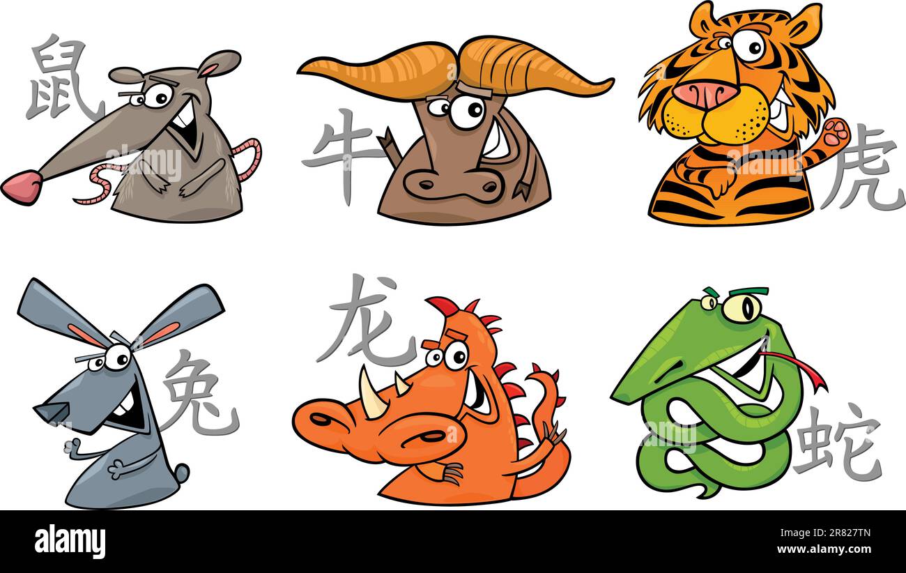 Cartoon illustration de six signes du zodiaque chinois set Illustration de Vecteur