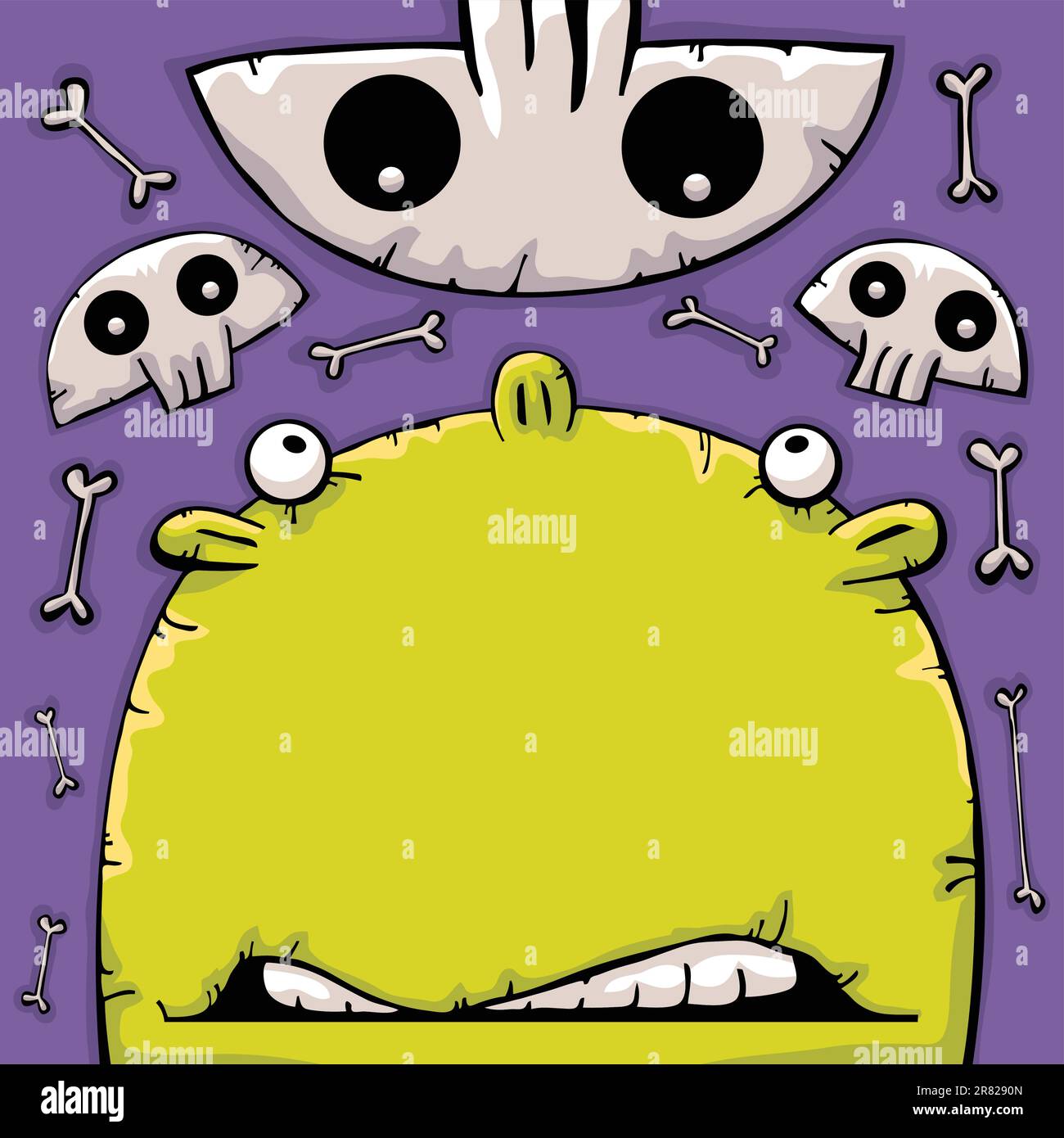 Drôle d'homme peur pensant à la mort. Sa grande tête verte entourée de crânes et d'os Illustration de Vecteur