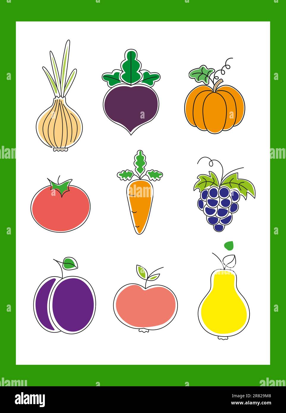 Ensemble de fruits et légumes plats de couleur isolée sur fond blanc Illustration de Vecteur