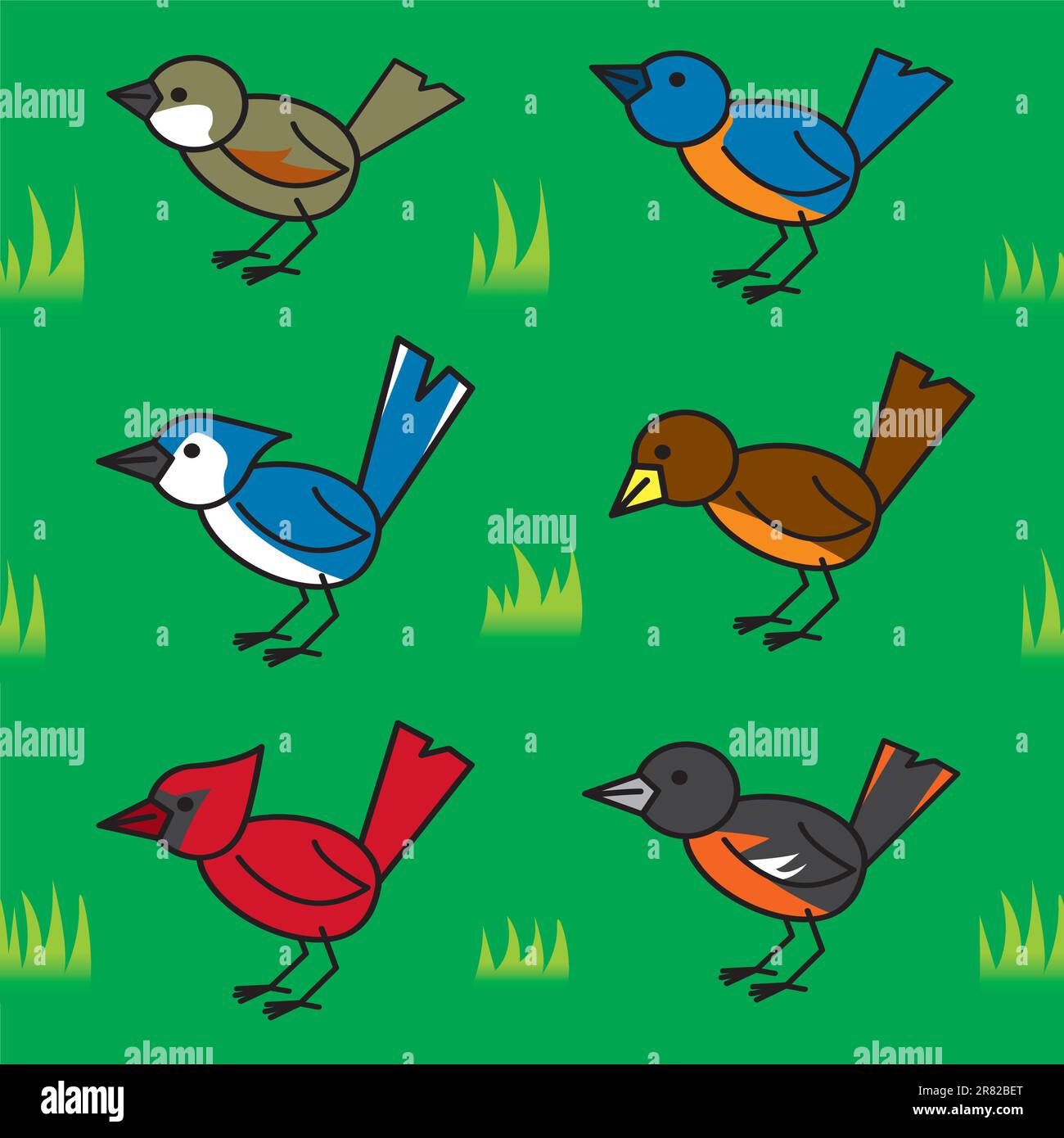 Un schéma sans couture de quelques dessins animés communs des oiseaux nord-américains sur une pelouse. Illustration de Vecteur