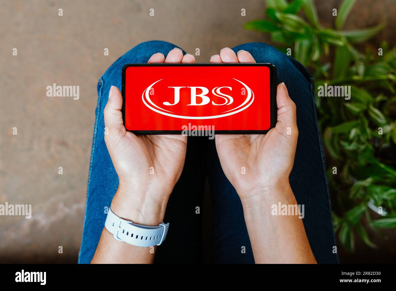 Dans cette illustration, le logo JBS S.A. s'affiche sur l'écran d'un smartphone. Banque D'Images