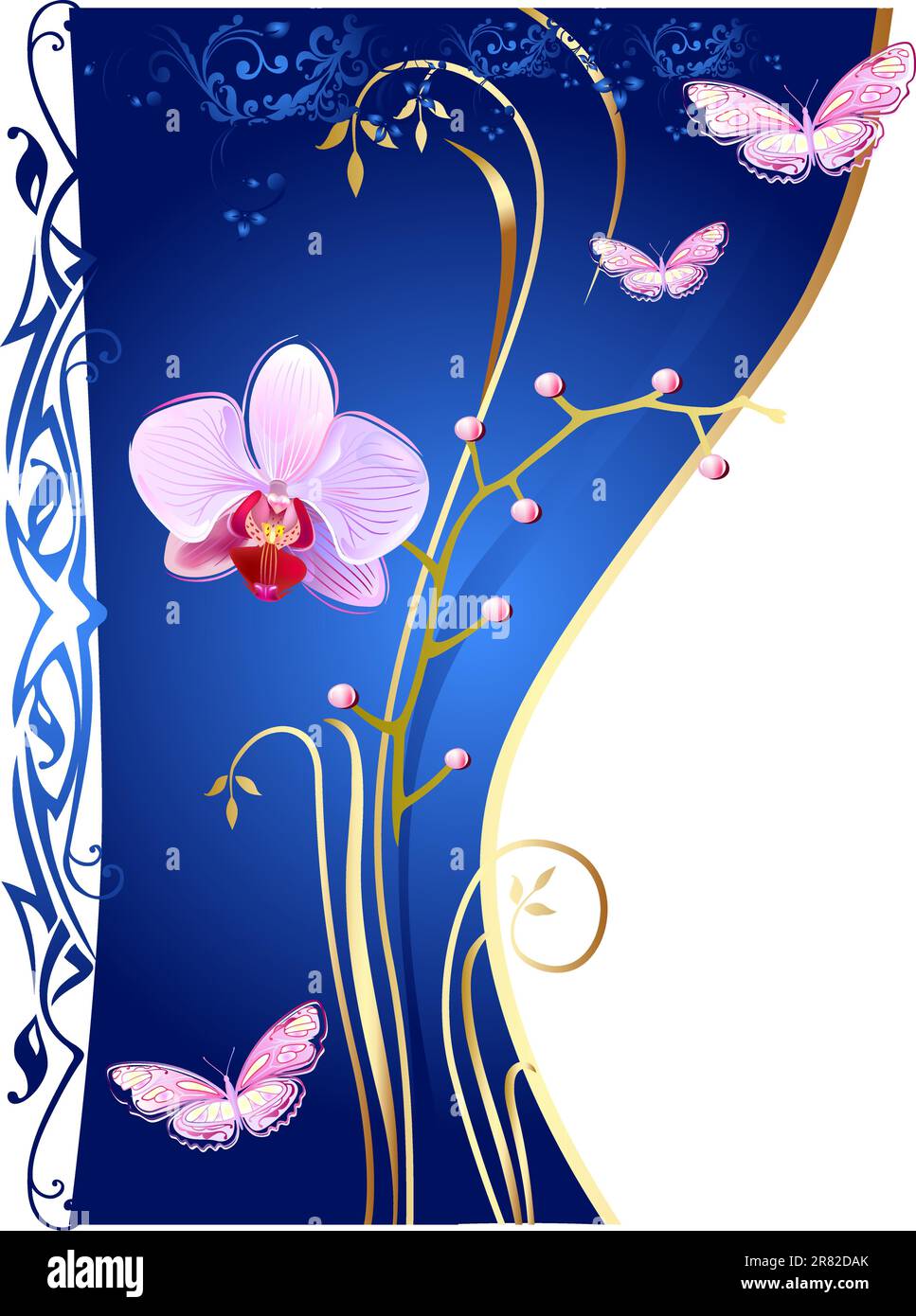 Orchidées et Papillons sur fond bleu Illustration de Vecteur