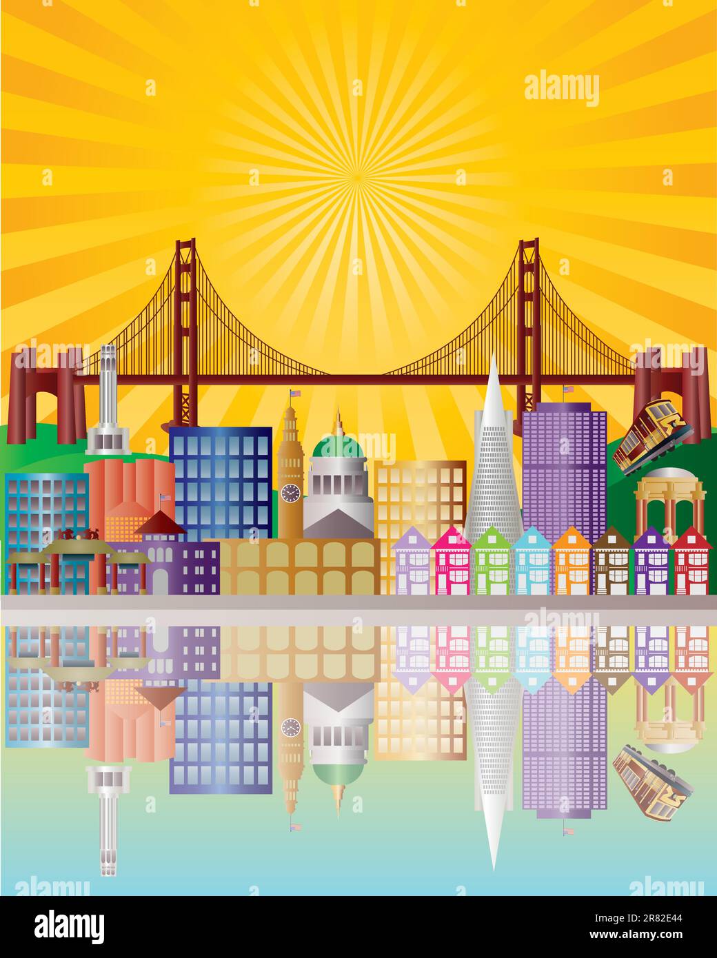San Francisco California City Skyline avec Golden Gate Bridge avec Sunrise Background Illustration Illustration de Vecteur