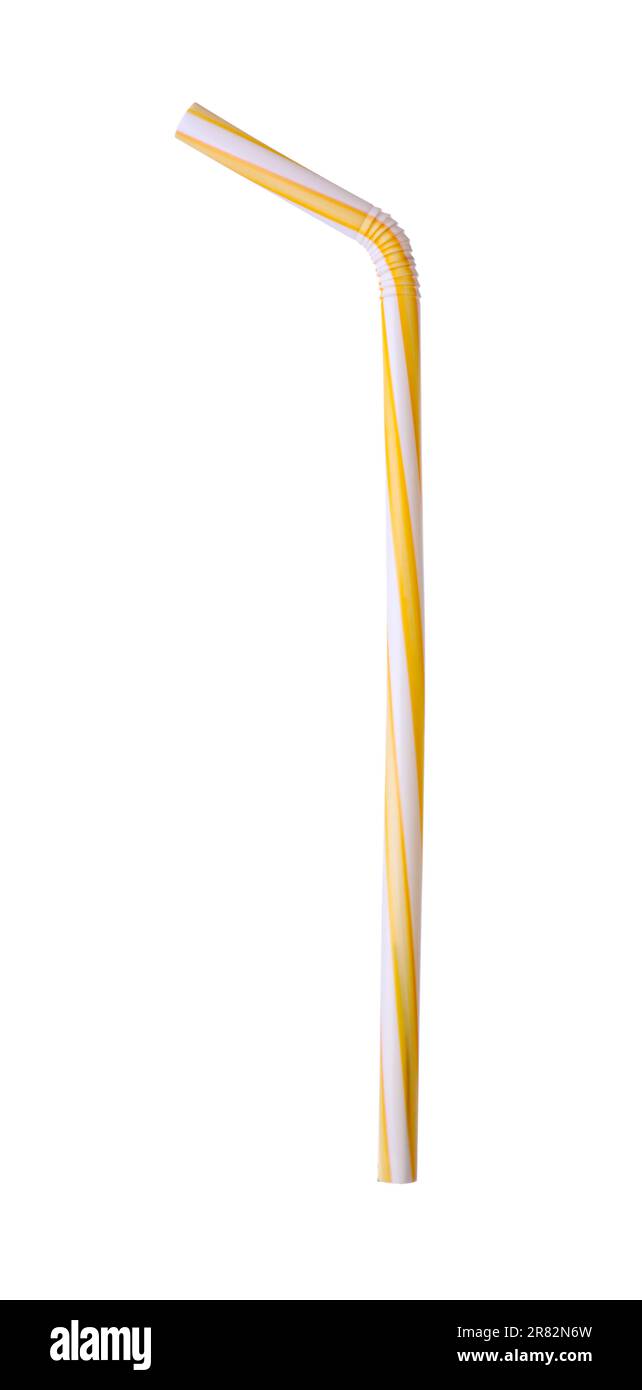 Tube à cocktail en plastique jaune isolé sur blanc Banque D'Images