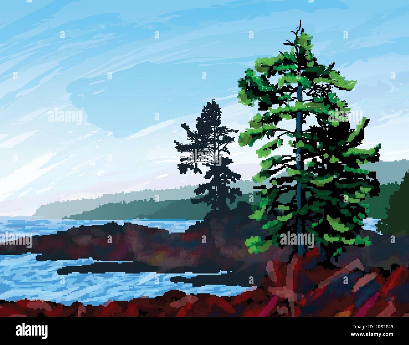 Belle peinture numérique représentant une scène de la côte ouest accidentée de l'île de Vancouver en Colombie-Britannique. Illustration de Vecteur