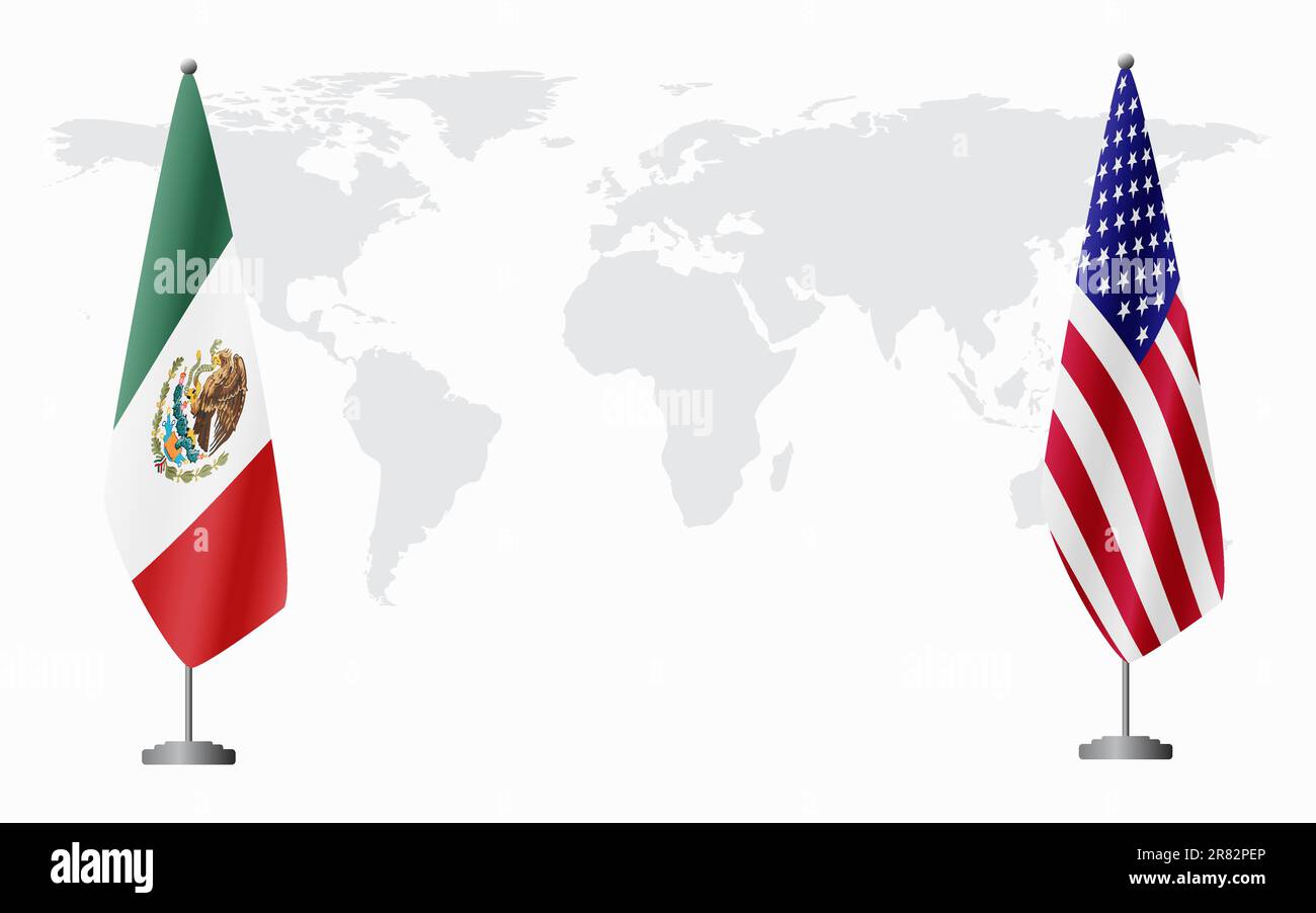 Drapeaux du Mexique et des États-Unis pour une réunion officielle sur fond de carte du monde. Illustration de Vecteur