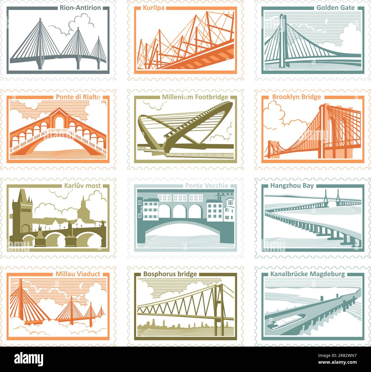 La collection de timbres avec l'image de 12 ponts célèbres du monde. Vecteur, illustration Illustration de Vecteur