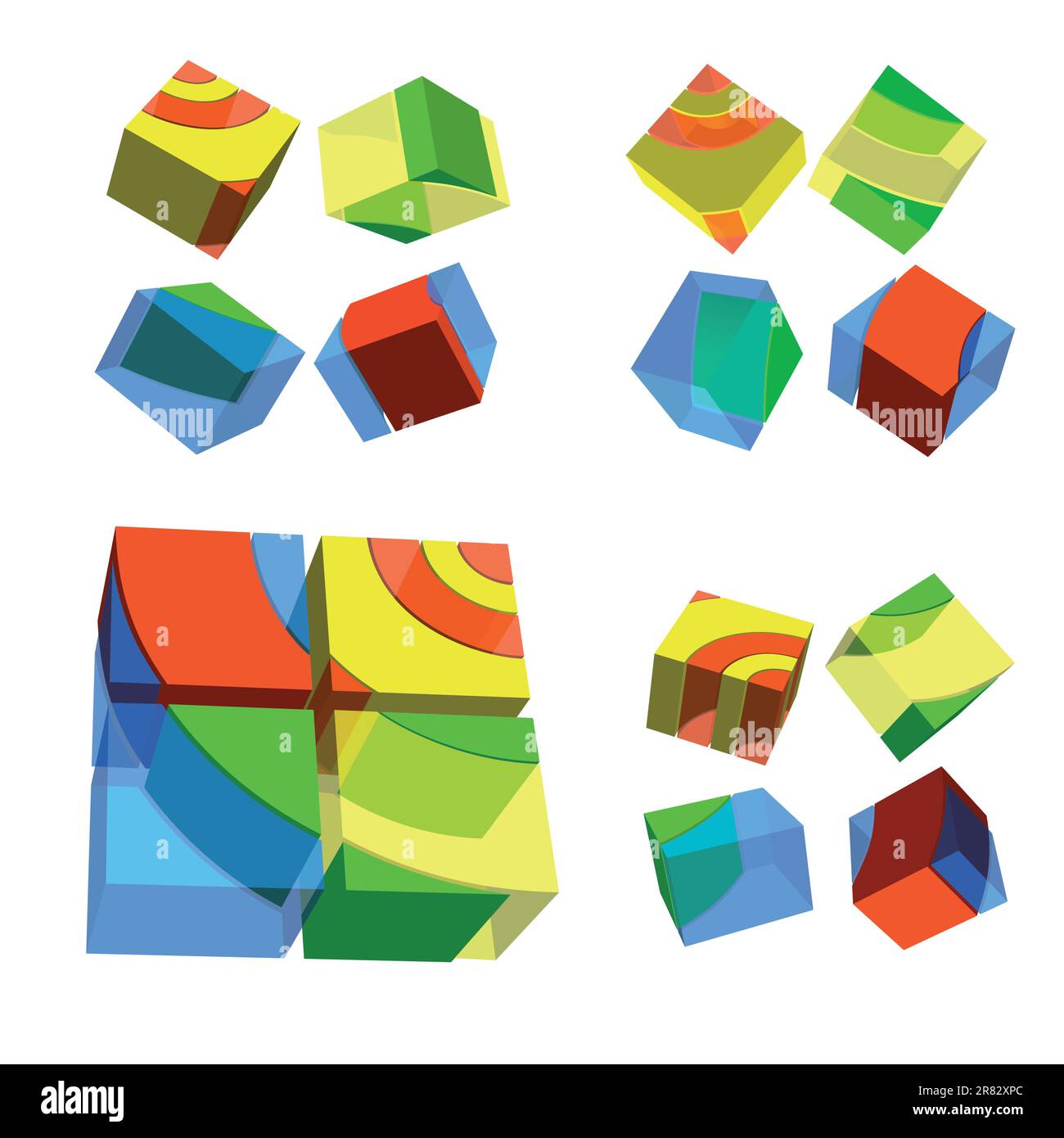 Ensemble d'éléments de conception basés sur des cubes de couleur avec des inserts transparents. La transparence n'est pas utilisée. Illustration de Vecteur