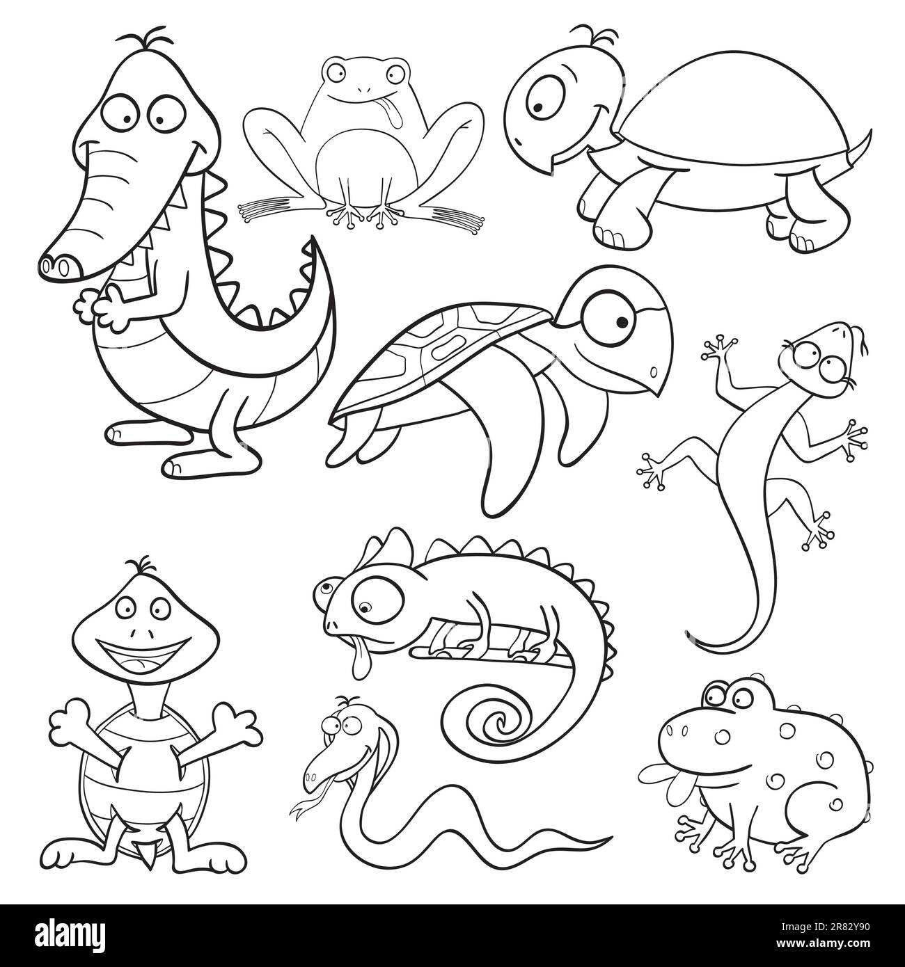 Décrit de jolis reptiles et amphibiens de dessin animé pour le livre de coloriage Illustration de Vecteur