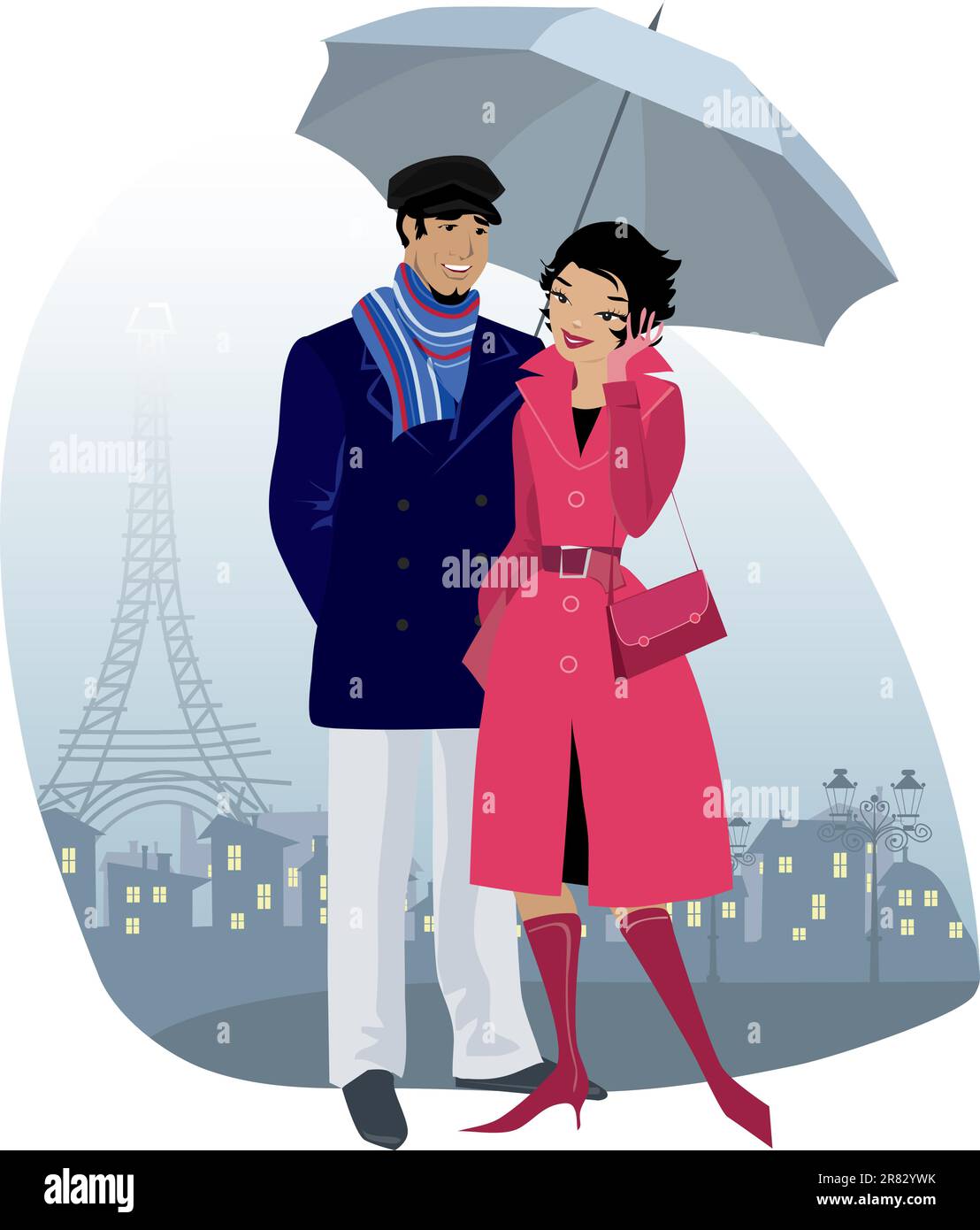 Illustration vectorielle d'un couple avec parapluie dans la vieille ville Illustration de Vecteur