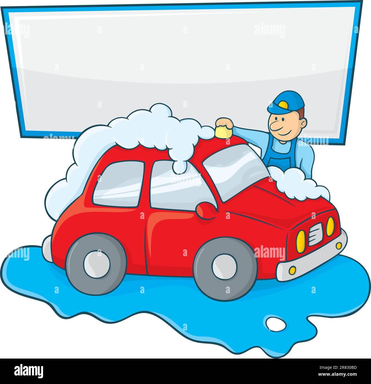 Dessin animé d'un homme de forme bleue laver à la main une voiture rouge avec un espace de copie pour votre message. Illustration de Vecteur