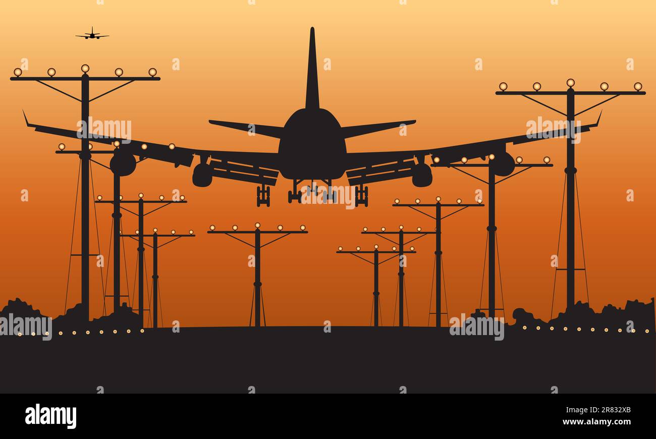 Atterrissage en avion au coucher du soleil Illustration de Vecteur