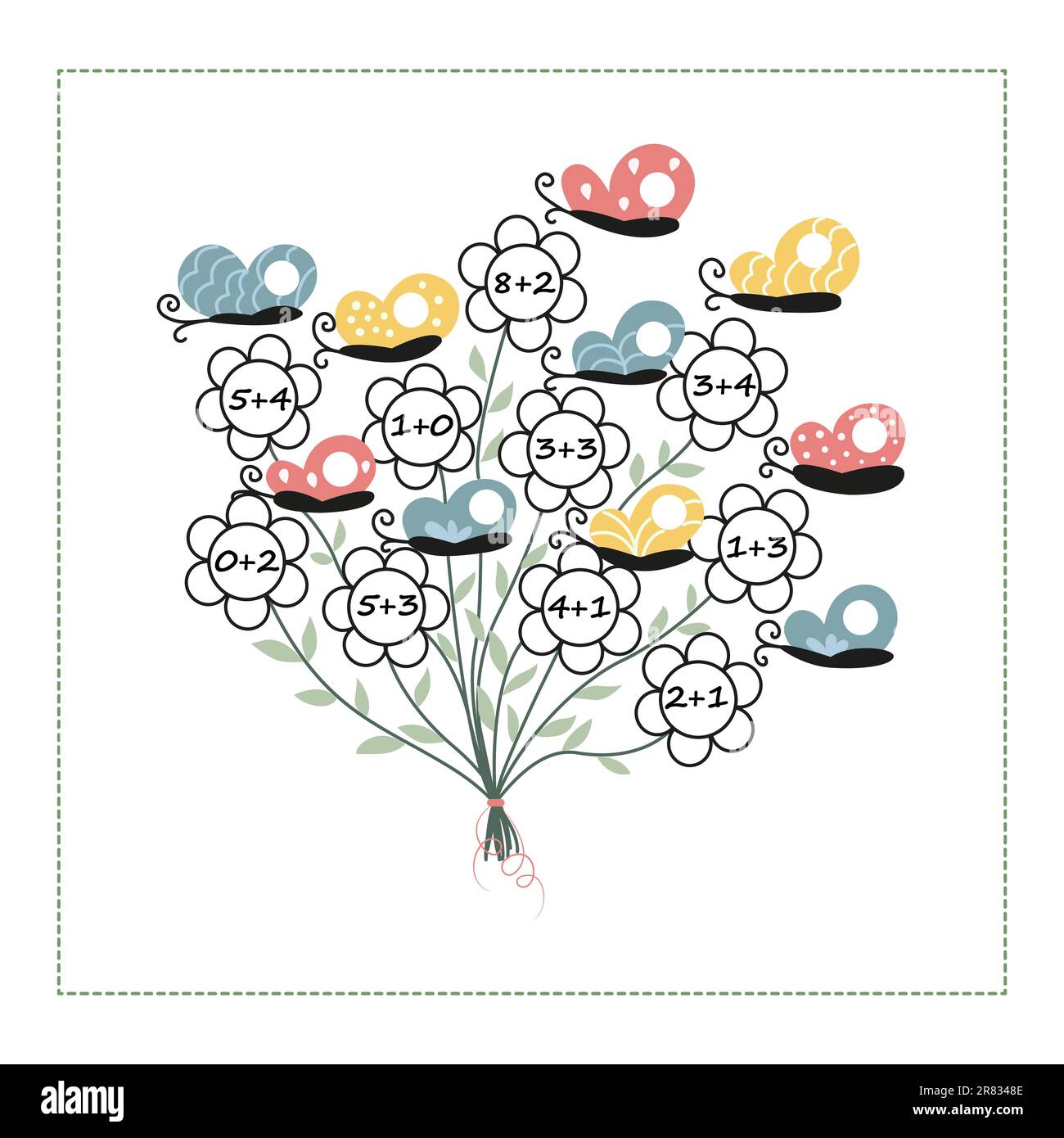 Jeu de mathématiques éducatif pour les enfants. Remplissez les cercles vides, écrivez les réponses aux exemples. Illustration de Vecteur