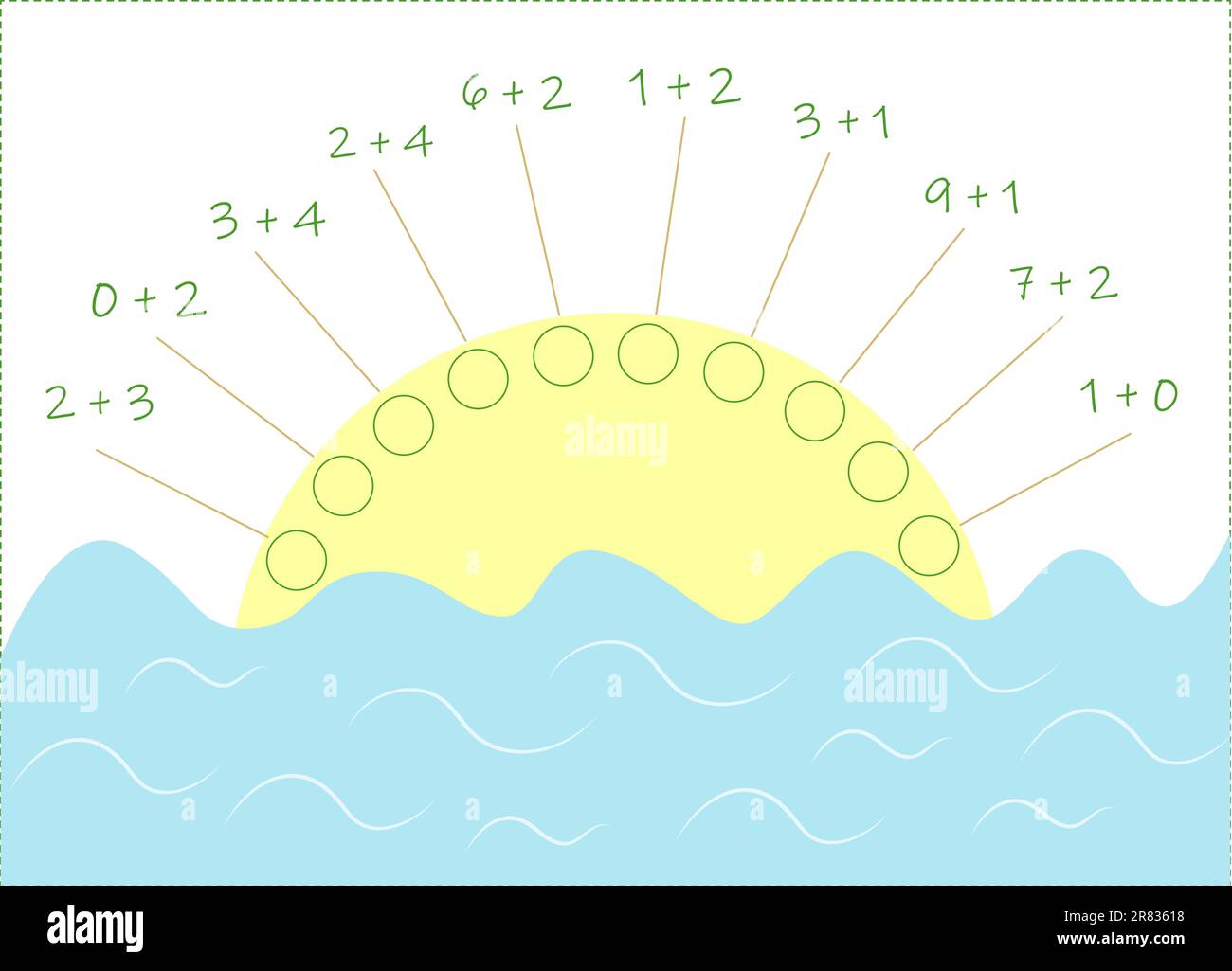 Jeu de mathématiques éducatif pour les enfants. Remplissez les cercles vides, écrivez les réponses aux exemples. Illustration de Vecteur