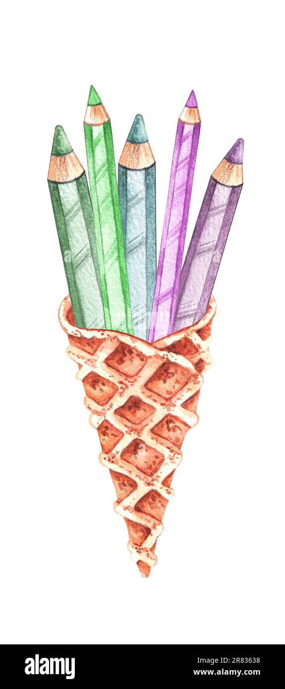 Crayons de retour à l'école en cône de cachets isolés sur fond blanc. Papeterie aquarelle dessinée à la main. Crayons de couleur pour la conception de carnets, note Banque D'Images