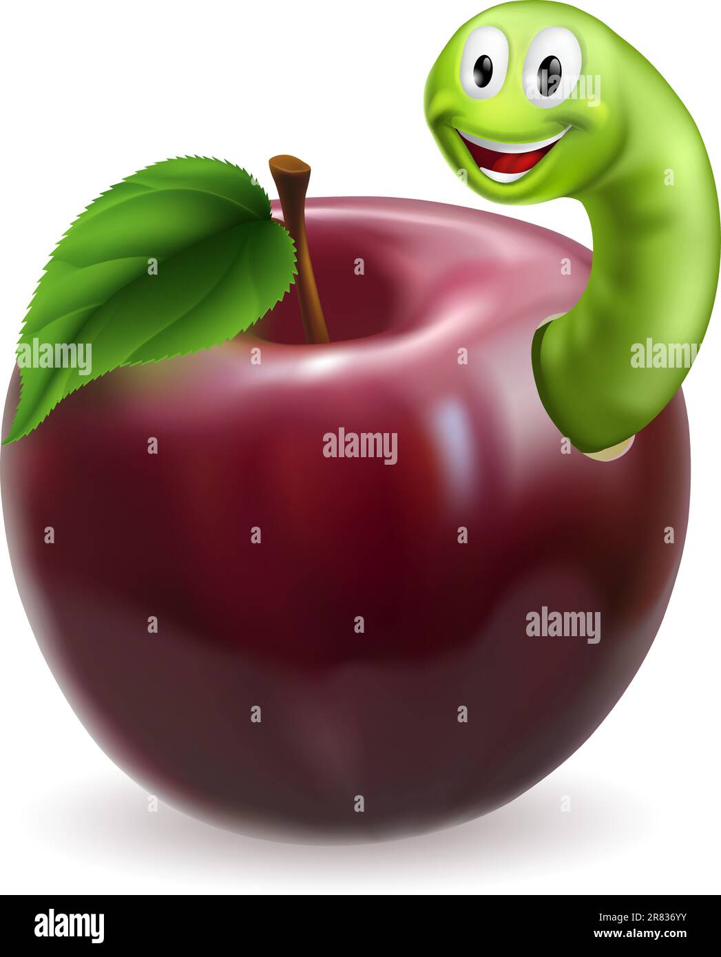 Illustration d'un mignon happy caterpillar vert ou un ver qui sort d'une pomme rouge juteuse Illustration de Vecteur