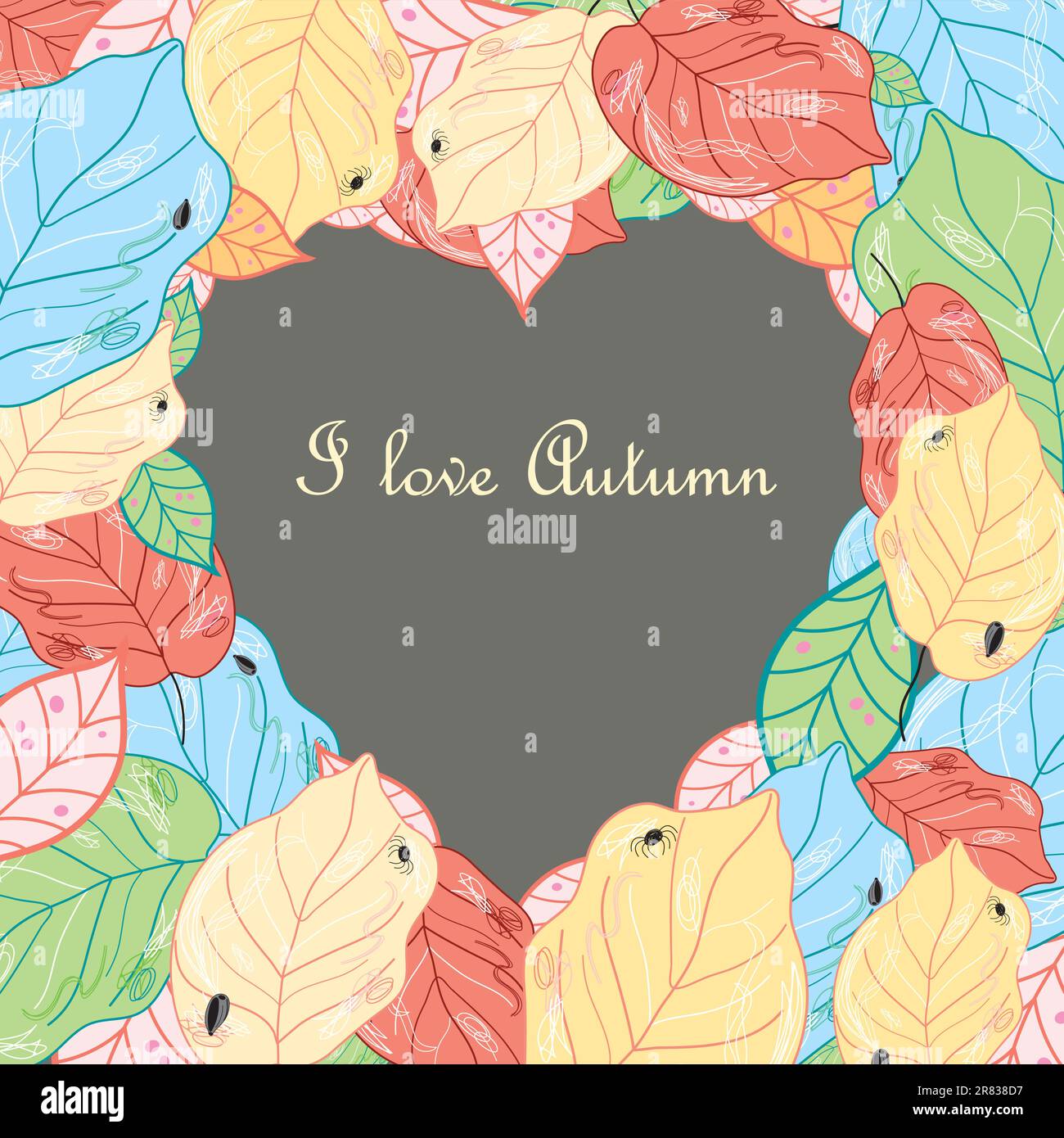 arrière-plan lumineux avec des feuilles d'automne et un cœur colorés Illustration de Vecteur