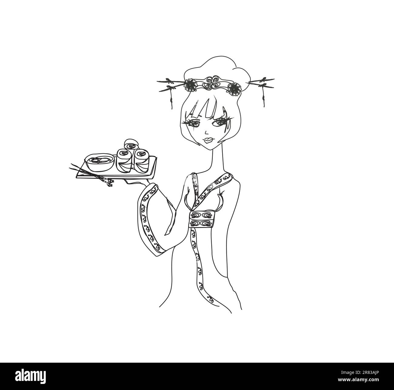 Belle fille asiatique savourer des sushis - doodle illustration Illustration de Vecteur