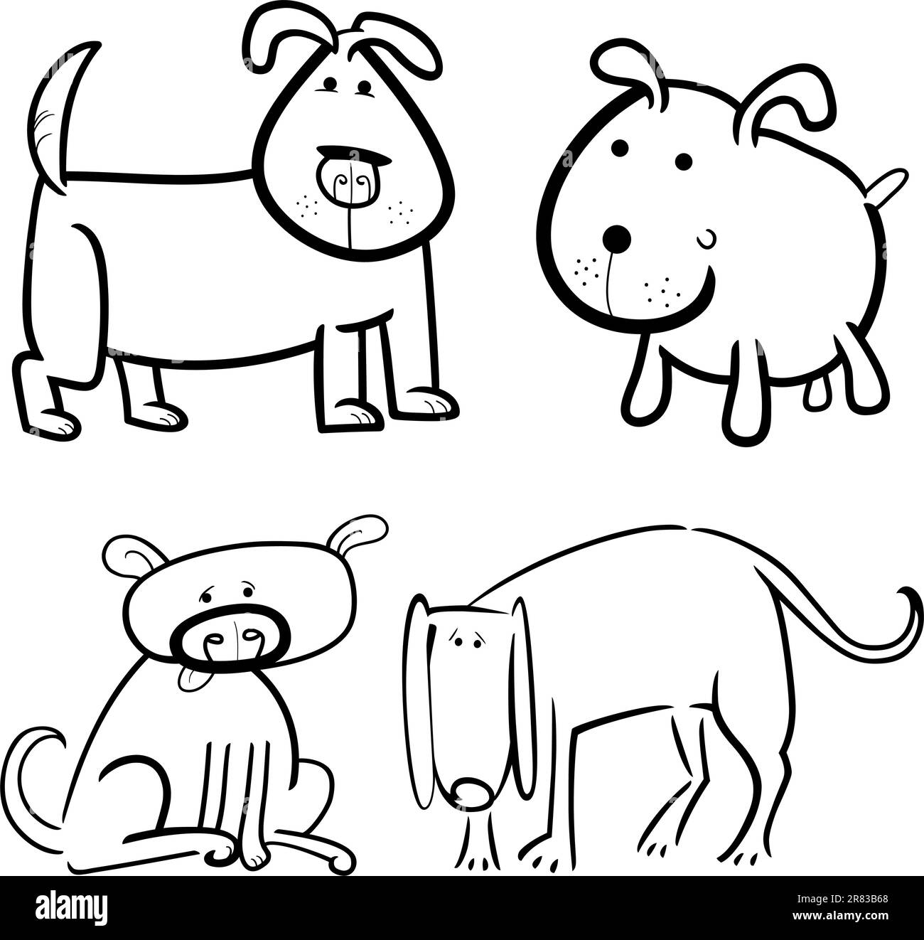 Cartoon illustration des quatre mignons petits chiens ou chiots définie pour Coloring Book Illustration de Vecteur