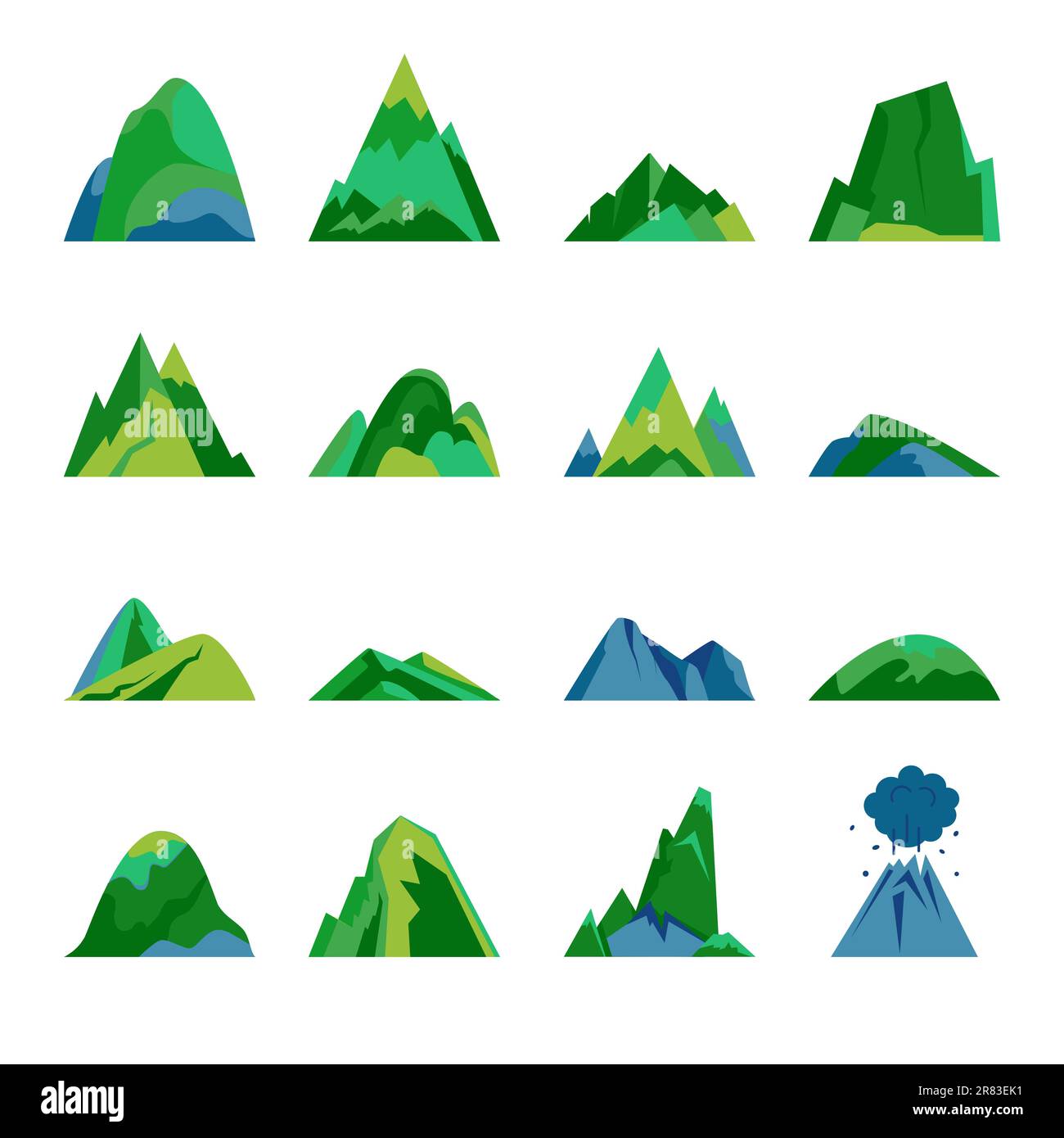 Jeu d'icônes de montagne. Symboles de roche et de colline, volcan ...