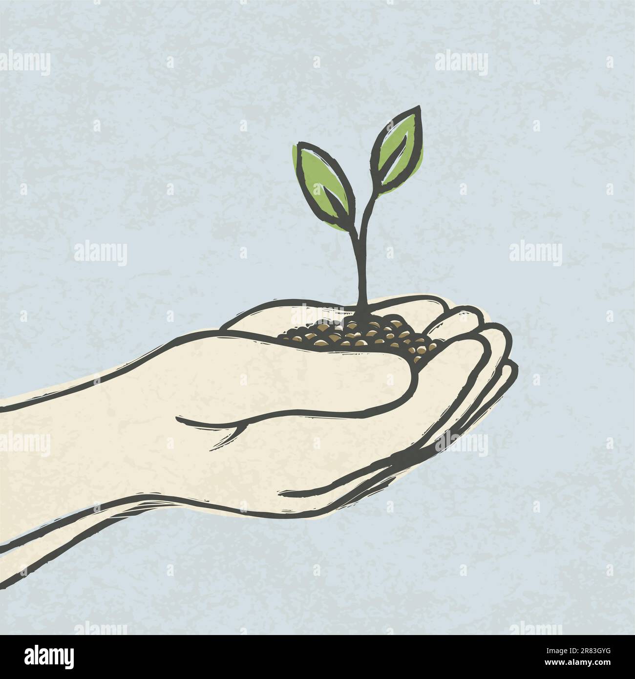 Mains avec green sprout et la saleté heap. Vector illustration dessinée à la main, EPS10. Illustration de Vecteur