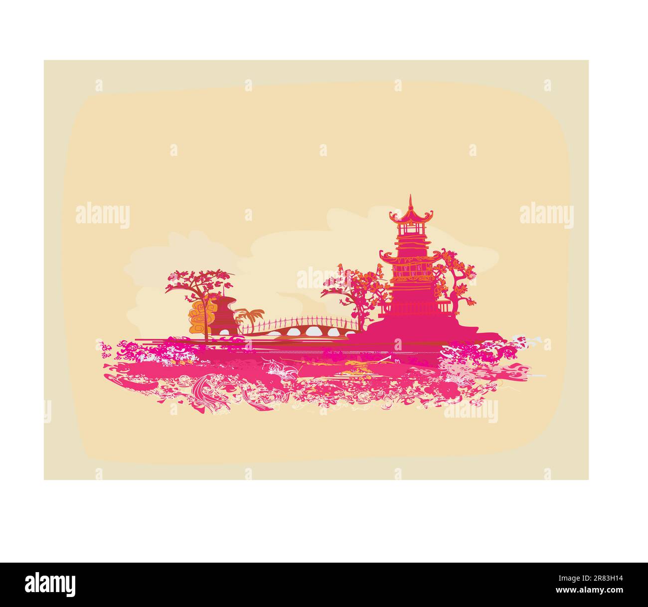 Vieux papier avec paysage asiatique Illustration de Vecteur