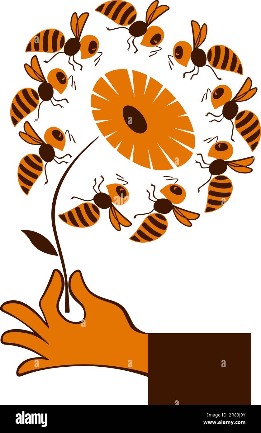 Main avec fleur d'abeille sur fond blanc Illustration de Vecteur