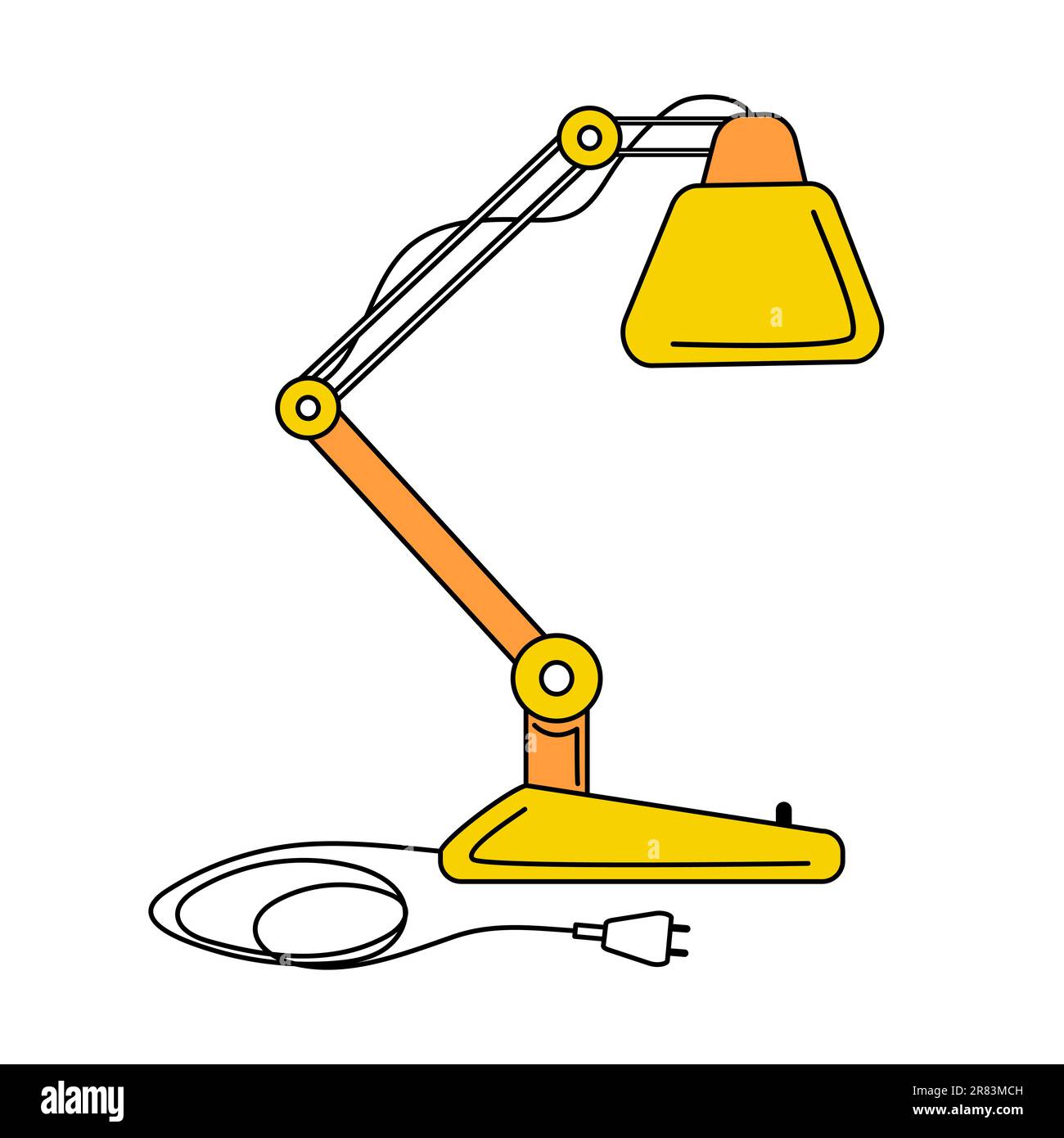 Lampe de bureau électrique réglable jaune avec trois charnières et fil débranché. Objet de couleur style rétro avec contour noir. Conception plate simple Illustration de Vecteur
