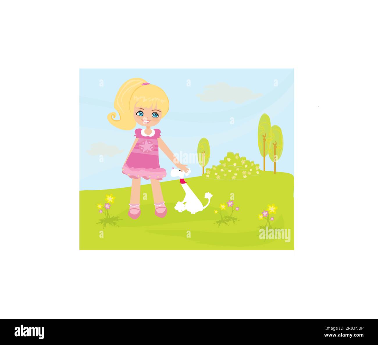 Fille douce et son chiot sur paysage rural Illustration de Vecteur