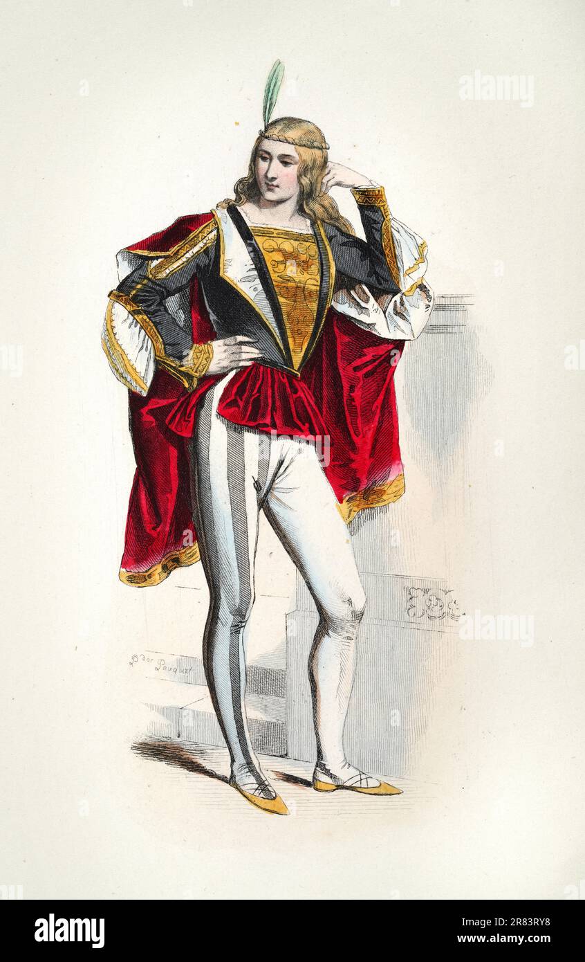 Vénitian Noble man, médiéval mens mode 15th siècle costume d'époque, double tuyau, Histoire, illustrations de l'anglais et de l'étranger Costume, Pauquet BR Banque D'Images