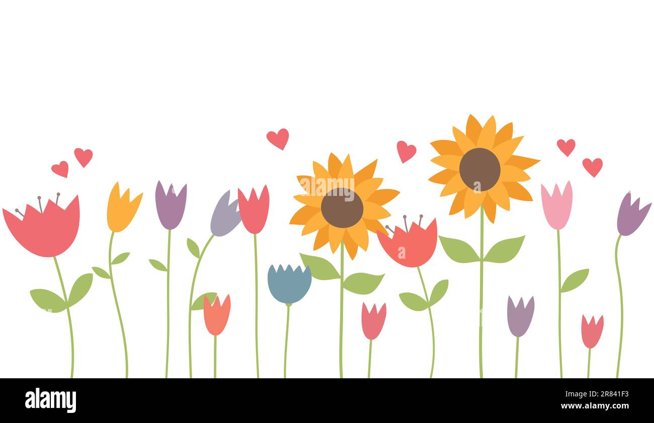 Arrière-plan de printemps avec des fleurs. Jardin fleuri avec tournesols et tulipes. Illustration vectorielle. Illustration de Vecteur