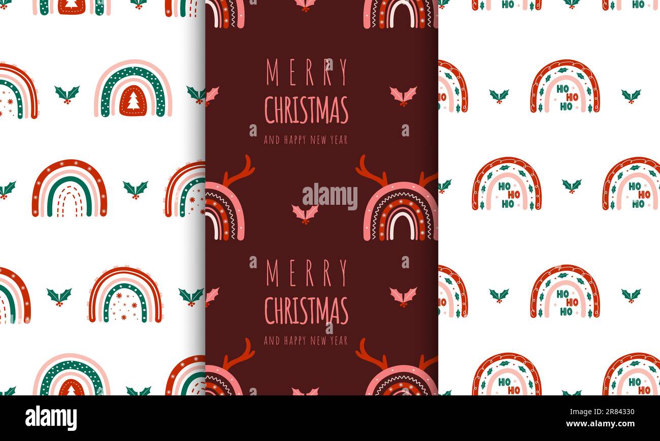 Ensemble de motifs de Noël sans coutures avec noeuds en arc-en-ciel. Jolis décors festifs de style boho. Illustration vectorielle hiver pour affiches, textile, tissu Illustration de Vecteur