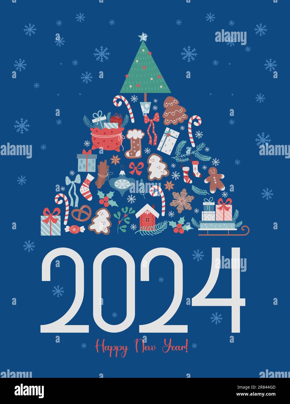 Carte de vœux de bonne année 2024. Sapin de Noël de décoration  traditionnelle sur fond bleu avec flocons de neige. Illustration  vectorielle. verti moderne Image Vectorielle Stock - Alamy