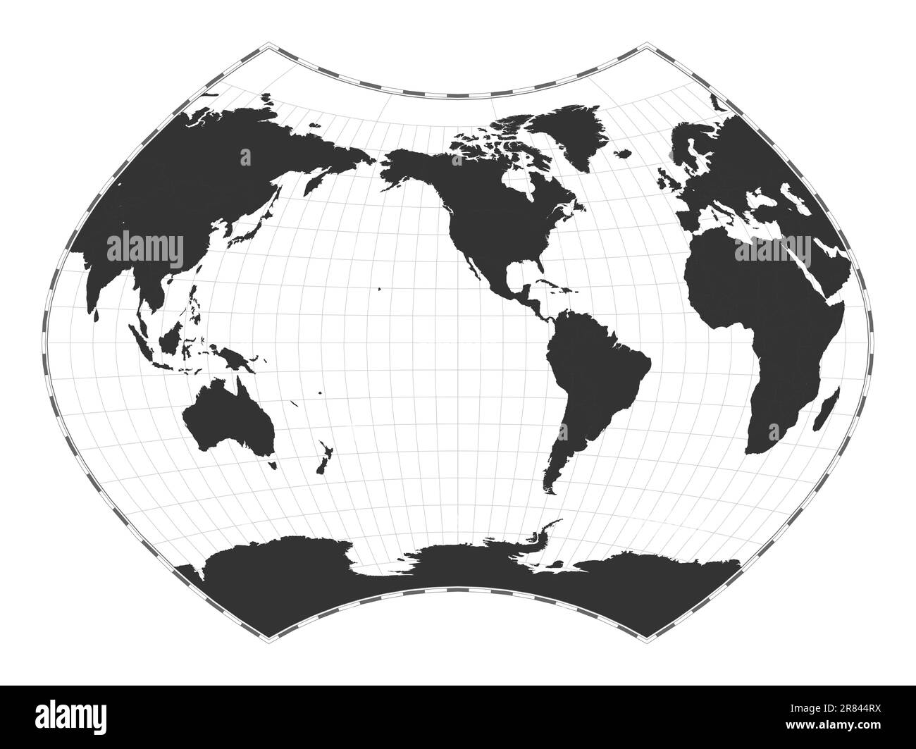 Carte du monde vectorielle. Projection de Ginzburg IX. Carte géographique du monde simple avec les lignes de latitude et de longitude. Centré sur 120 degrés E de longitude. Illustration de Vecteur