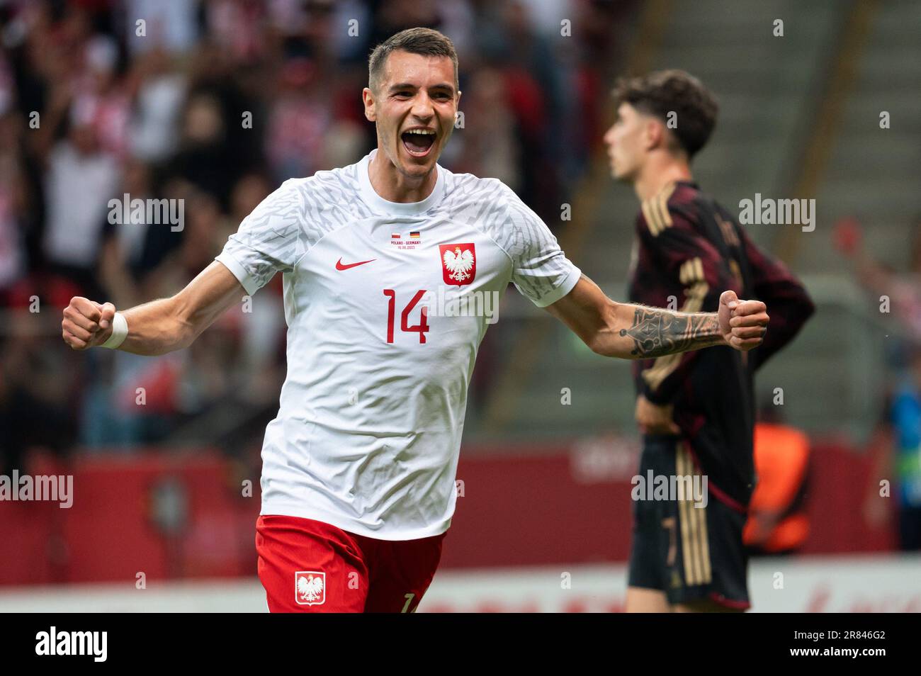 VARSOVIE, POLOGNE - 16 JUIN 2023: Match de football amical Pologne contre Allemagne 1:0. Jakub Kiwior joie après avoir marqué le but. Banque D'Images